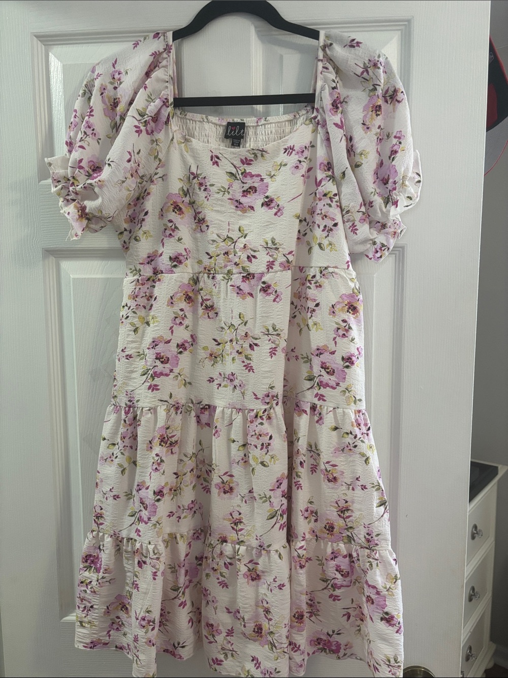 lilt White Floral Tiered Dress with Pink & Green Print
